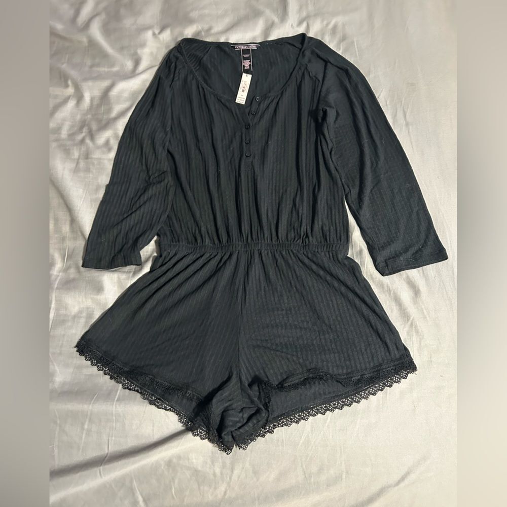 Victoria's Secret Black Long Sleeve Lace Trim Pajama Romper Size S